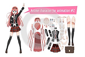 Anime manga schoolgirl in a red tartan skirt, stockings and schoolbag. Cartoon character in the Japanese style