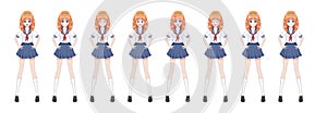 Anime manga schoolgirl in sailor suit, blue skirt