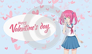 Anime manga schoolgirl in a sailor suit send air kisses.  Vector illustration. Valentine`s day card