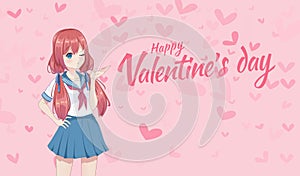 Anime manga schoolgirl in a sailor suit send air kisses.  Vector illustration. Valentine`s day card