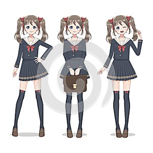 Anime manga schoolgirl in a skirt, stockings and school bag
