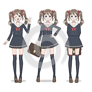 Anime manga schoolgirl in a skirt, stockings and school bag