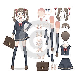 Anime manga schoolgirl in a skirt, stockings and schoolbag. Cartoon character in the Japanese style. Set of elements for character