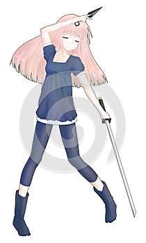 Anime ninja girl holding a kunai and a sword