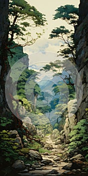 Anime Painting Of Mountainous Vistas With Trees And Rocks