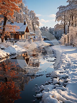 Anime Style Amazing Snow Covered House And Tree\'s photo