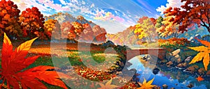 anime style autumn fall river landscape, ai
