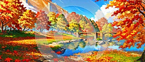 anime style autumn fall river landscape, ai