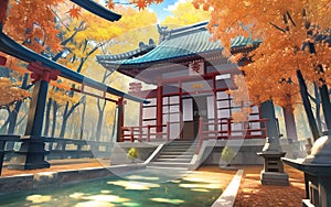 anime style autumn japanese temple chinese temple ancient landscape fall maple culture, generative ai