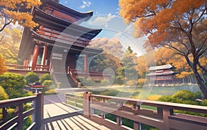 anime style autumn japanese temple chinese temple ancient landscape fall maple culture, generative ai