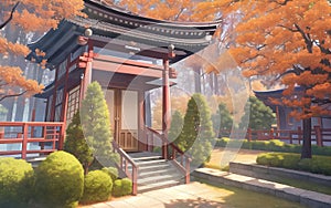 anime style autumn japanese temple chinese temple ancient landscape fall maple culture, generative ai