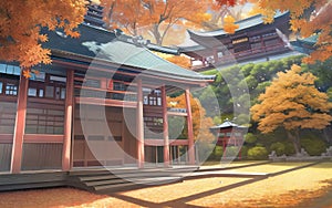 anime style autumn japanese temple chinese temple ancient landscape fall maple culture, generative ai