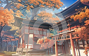 anime style autumn japanese temple chinese temple ancient landscape fall maple culture, generative ai