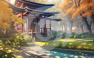 anime style autumn japanese temple chinese temple ancient landscape fall maple culture, generative ai