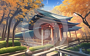 anime style autumn japanese temple chinese temple ancient landscape fall maple culture, generative ai