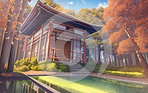 anime style autumn japanese temple chinese temple ancient landscape fall maple culture, generative ai