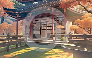 anime style autumn japanese temple chinese temple ancient landscape fall maple culture, generative ai