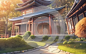 anime style autumn japanese temple chinese temple ancient landscape fall maple culture, generative ai