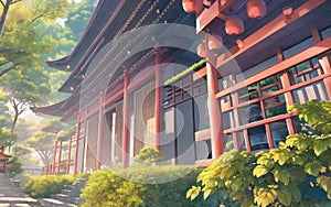 anime style autumn japanese temple chinese temple ancient landscape fall maple culture, generative ai