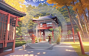 anime style autumn japanese temple chinese temple ancient landscape fall maple culture, generative ai
