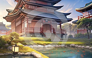 anime style autumn japanese temple chinese temple ancient landscape fall maple culture, generative ai