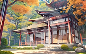 anime style autumn japanese temple chinese temple ancient landscape fall maple culture, generative ai