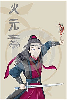 Anime style character A young emperor wielding a sword with the element of fire