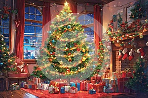 Anime style: Christmas tree decorated with blinkers with gift boxes Around,xmas wallpaper