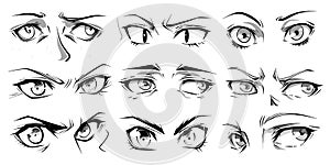 Anime style emotional sight. Comic eyes, angry, happy, surprise emotions. Cartoon japanese asian comics characters