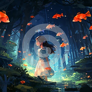 An anime style female figure is depicted gazing upwards, mesmerized by goldfish swimming in ocean