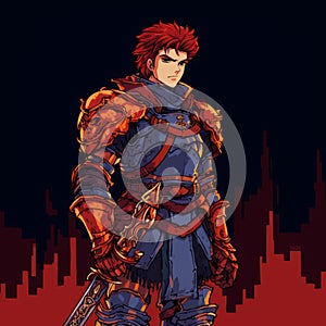 Anime Warrior Character In Fire Emblem Style With 16-bit Aesthetic