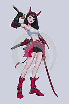 Anime warrior girl with red horns, tail and sword in hand