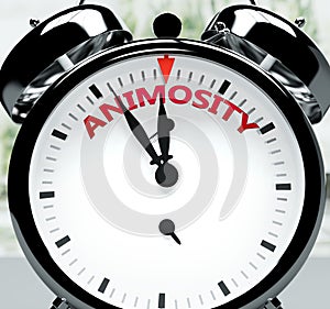 Animosity soon, almost there, in short time - a clock symbolizes a reminder that Animosity is near, will happen and finish quickly