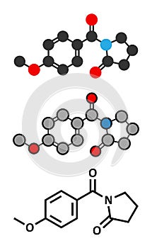 Aniracetam nootropic drug molecule. Stylized 2D renderings and conventional skeletal formula.