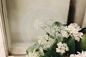 Anise and chamomile bouquet in light at rustic white wooden wind