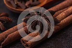 Anise, cinnamon sticks and cloves in a wooden spoon, macro