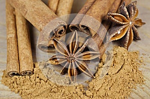 Anise and cinnamon on a wooden table