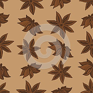 Anise star, badian seamless pattern. Seasonal food vector illustration on brown background. Hand drawn doodles of spice