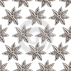 Anise star, badian seamless pattern. Seasonal food vector illustration isolated on white background. Hand drawn sketch