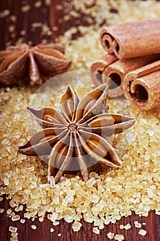 Anise star and cinnamon sticks on brown cane sugar