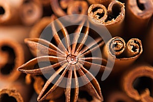 Anise star and cinnamon sticks closeup