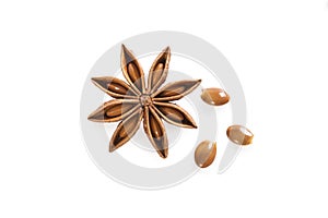 Anise star with anise seed on white