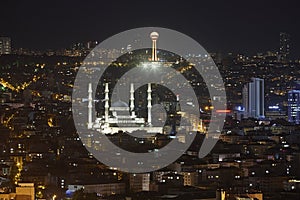 Ankara skyline by night. Mosque and Atakule comunication tower. Turkey