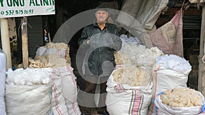 Ankara, Turkey - January 9, 2020: Sheep wool seller on the street of the old part of Ankara.