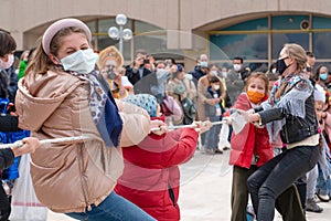 Ankara, Turkey - March 14 2021: Team competing in tug of war.in Russian spring festival