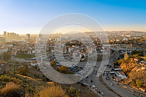 Ankara/Turkey-November 03 2019: Traditional Turkish houses with Haci Bayram mosque and Bentderesi neighborhood in sunset