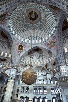 Ankara, Turkey - 16 October, 2019: Inside interior view of the Kocatepe Mosque (Kocatepe Cami),