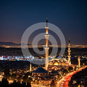 ankaya, Ankara, Turkey - 19.02. Ankara Kocatepe Mosque and Ankara night view with long exposure made with Generative AI