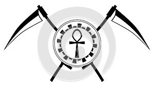 Ankh with sickles, black and white, patterned, isolated.