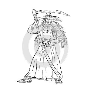 Ankou Graveyard Watcher With Scythe Drawing Black and White